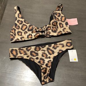 NWT RaeLo leopard/black bikini top + 2 bottoms M/L